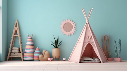 Imaginative Play, Colorful Teepee and Toys in an Empty Child's Room, in the style of minimalist backgrounds, ceramic, uhd image, 3D realism