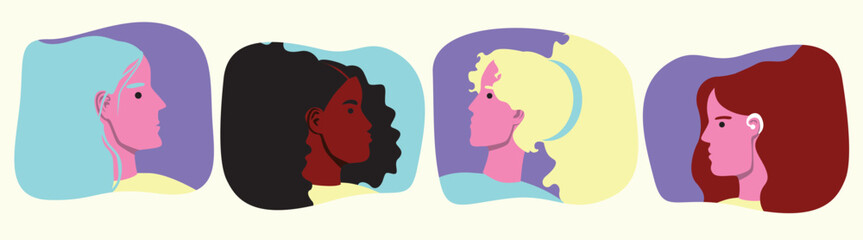 Set or isolated collection with natural modern women, different hair color and disability, vector stock illustration