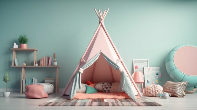 Imaginative Play, Colorful Teepee And Toys In An Empty Child's Room, In The Style Of Minimalist Backgrounds, Ceramic, Uhd Image, 3D Realism