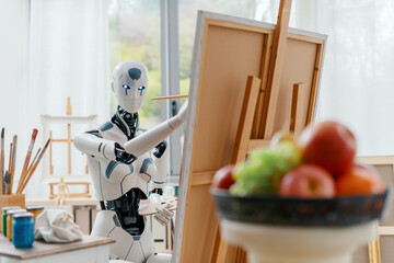 AI robot painting in the art studio