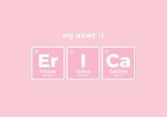 Vector inscription name ERICA composed of individual elements of the periodic table. Text: My name is. Purple background - obrazy, fototapety, plakaty