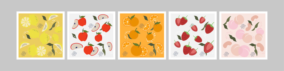 Abstract flat posters with fruit. Seamless pattern with peach, strawberry, orange, apple and lemon. Vector of fruits background for wallpaper, poster, cover, fabric on background. Vector set.