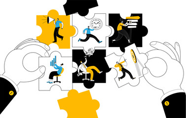 Big hands assemble puzzles with characters. Different employees go about their business in the puzzle pieces. Vector illustration on the theme of creating a properly interacting business structure.