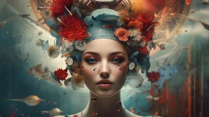 Abstract contemporary art collage portrait of young woman with flowers. Generative ai. © Svfotoroom