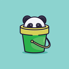 Cute panda in the bucket simple cartoon illustration