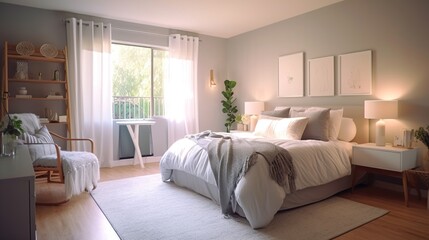 Modern peaceful Bedroom. zen style bedroom. Peaceful and serene bedroom. Wood bed. Generative ai.