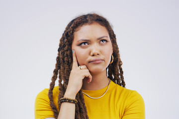 Doubt, confused and gen z girl thinking in studio on mockup, space and white background. Choice,...