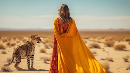 fashion tribal young woman  and wild   animals in deset,generated ai