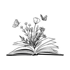 Open book and wildflowers, on isolated background, book table with flowers and butterflies