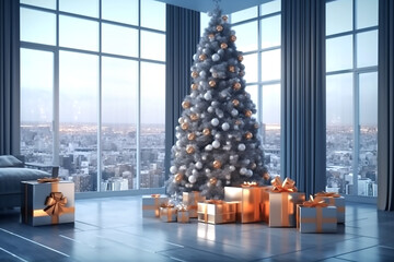 Christmas tree and silver gift boxes with golden bows in interior. Generative AI