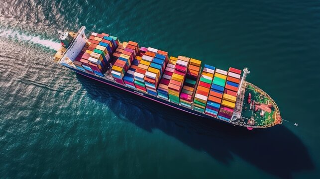aerial view container ship with containers traveling on ocean. generative AI