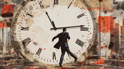 Conceptual image of a businessman running in front of a clock. Generative AI.