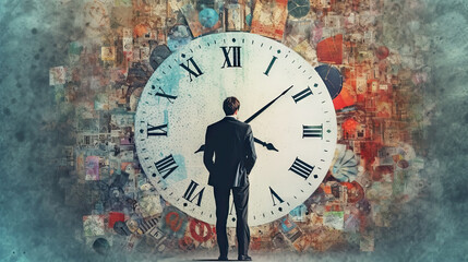 Time management concept with businessman looking at wall clock. Generative AI.