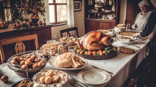 Thanksgiving dinner table with roasted turkey and other traditional dishes. Vintage toned image. Generative AI.