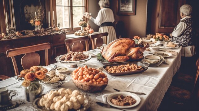 Thanksgiving dinner table with roasted turkey and other traditional dishes. Vintage toned image. Generative AI.