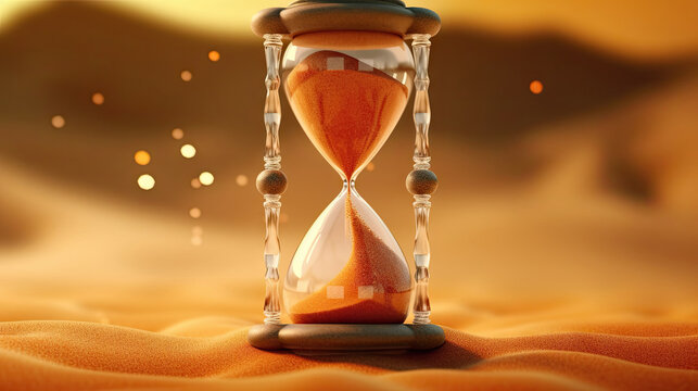 Hourglass on sand background. Time passing concept. Generative AI.