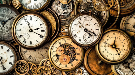 Vintage Antique pocket watch on the background of the old clock. Generative AI.