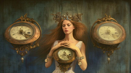 Beautiful young woman with long red hair and a crown on her head is holding antique clocks. Generative AI.