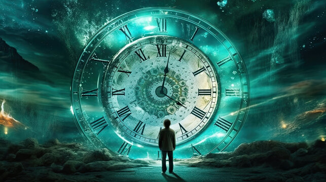 Conceptual image with clock face and man standing in space. Generative AI.