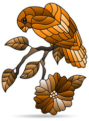 An illustration in the style of a stained glass window with a parrot on a branch, a bird isolated on a white background,tone brown