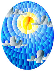 Obraz premium Illustration in stained glass style sun and clouds on blue sky background, oval image