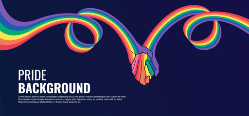LGBT pride abstract background. Vector background with rainbow colors. Rainbow colored wavy abstract lines with the holding hands symbol. Vector Banner Template for Pride Month