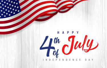 Happy 4th of July Idependence Day, lettering with flag USA on wooden boards. American holiday design with US flag and handwritten text. Vector illustration