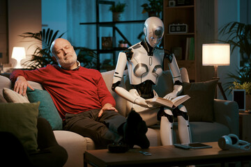 Senior man and android robot reading a book together
