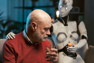 Caring AI robot giving medicines to a senior man
