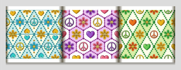 Seamless patterns with chamomile flowers, hearts, peace sign, beads, emoji. Geometric grid with string of beads. Peaceful, positive background in groovy, hippie style.
