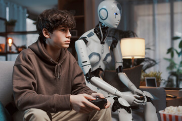 Teenager and AI robot playing video games