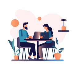 Flat illustration of a man and woman using a laptop on a table
