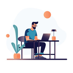 Flat illustration of a man using a laptop on a table