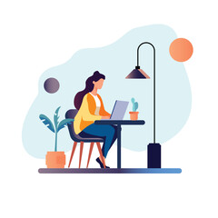 Flat illustration of a woman using a laptop on a table