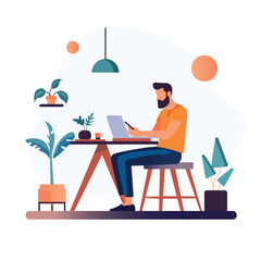 Flat illustration of a man using a laptop on a table