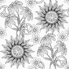 Black and white seamless pattern with sun, peace sign, chamomile flower and halftone shapes. Groovy, hippie style. Peaceful, summer illustration. Good for apparel, fabric, textile