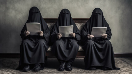 muslim women with black dark burkas sitting and reading books in funeral or wake ceremony. generative ai - obrazy, fototapety, plakaty