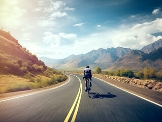 Fototapeta premium A Man Riding Road Bike Mountain Background AI photography