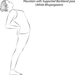 Naklejka premium Sketch of young woman practicing yoga, doing Mountain with Supported Backbend pose or Standing Cobra pose. Utthita Bhujangasana. Vector illustration isolated on transparent background.