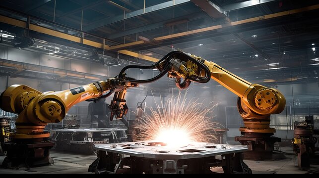  Industrial Efficiency: Skilled Workers and Robotic Arms in Contemporary Production Facility. Generative AI