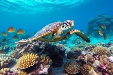 Turtle with a Group of Colorful Fish and Coral Reef. Generative AI