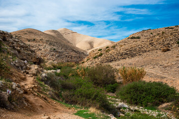 Prat River in Israel. Wadi Qelt valley in the West Bank, originating near Jerusalem and running into the Jordan River near Jericho and the Dead Sea. Nahal Prat, in Judaean Desert.
