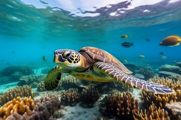 Fototapeta na wymiar Turtle with a Group of Colorful Fish and Coral Reef. Generative AI