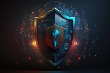 Cyber security concept. Shield with padlock on dark background