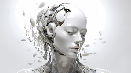 3D render, Visualization of artificial intelligence, AI, KI, Concept Future Robot / Bot Head, pale white, glossy, on white background. Generative AI - obrazy, fototapety, plakaty