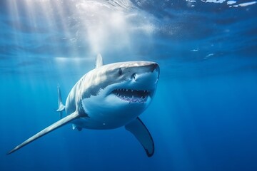 Majestic White Shark Gliding Through the Ocean Depths. Generative AI