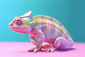 Fototapeta premium pastel colored chameleon on a pastel background created with AI generative tools