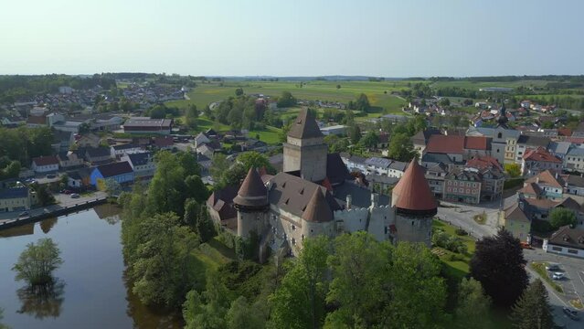 Marvelous aerial top view flight 
Austria Heidenreichstein castle in Europe, summer of 2023. ascending drone
4K uhd cinematic footage.