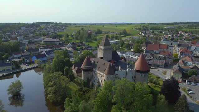 Lovely aerial top view flight 
Austria Heidenreichstein castle in Europe, summer of 2023. descending drone
4K uhd cinematic footage.