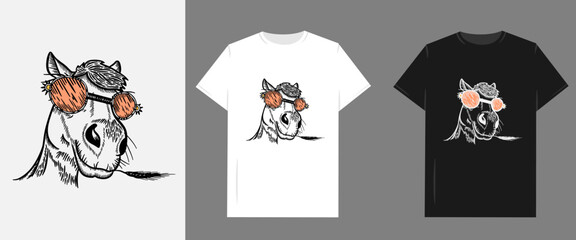 Fototapeta premium Vector graphic illustration for T-shirt. Funny line art horse in the orange glass.